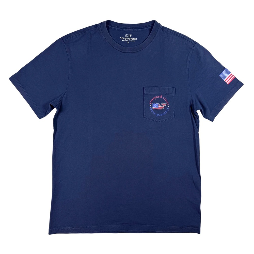 Vineyard Vines T-Shirt Mens S Navy Blue USA Flag Whale Pocket 1V0742
